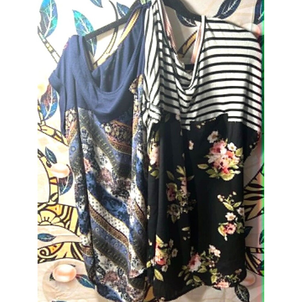 Rewind Mixed‑Print Tops Bundle XXL – Striped/Floral + Navy/Boho (2 Tops)